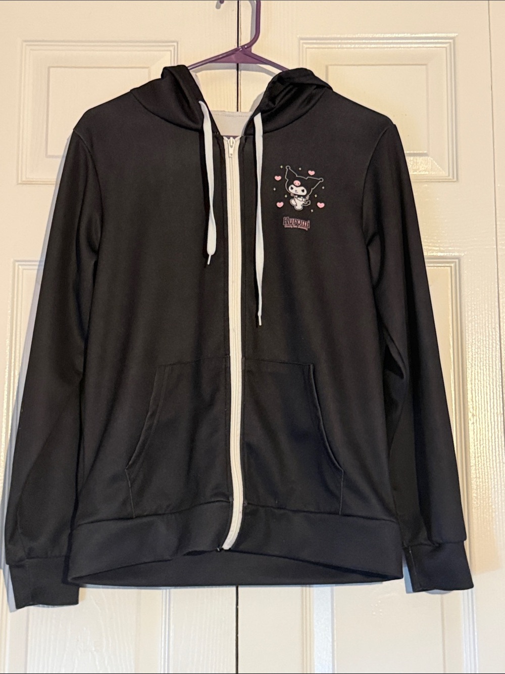 Black Zip-Up Hoodie with Cute Cartoon Chest Graphic
